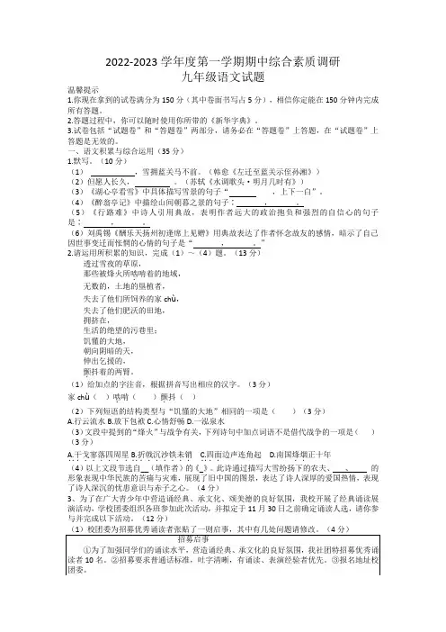 【9语】安庆市2022-2023学年九年级上学期期中综合素质调研语文试卷