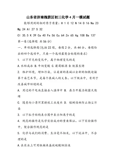 山东省济南槐荫区初三化学4月一模试题