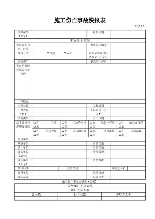 工程项目安全生产管理     工伤事故档案施工伤亡事故快报表