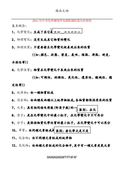 2014年中考化学总复习知识点总结最全的资料