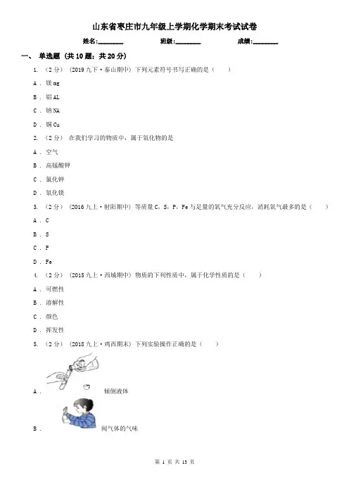 山东省枣庄市九年级上学期化学期末考试试卷