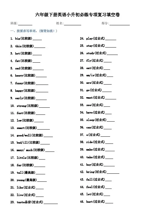 小升初必练专项复习填空卷(试题)人教PEP版英语六年级下册