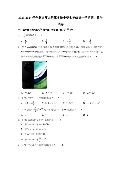 2023-2024学年北京师大附属实验中学七年级(上)期中数学试卷(含答案解析)