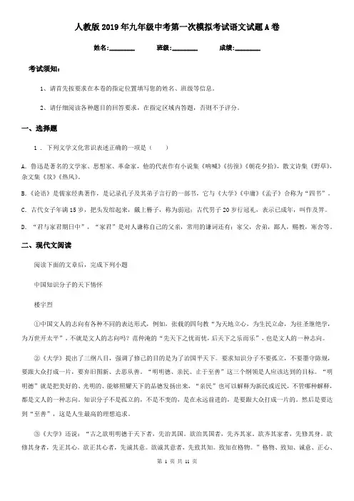 人教版2019年九年级中考第一次模拟考试语文试题A卷