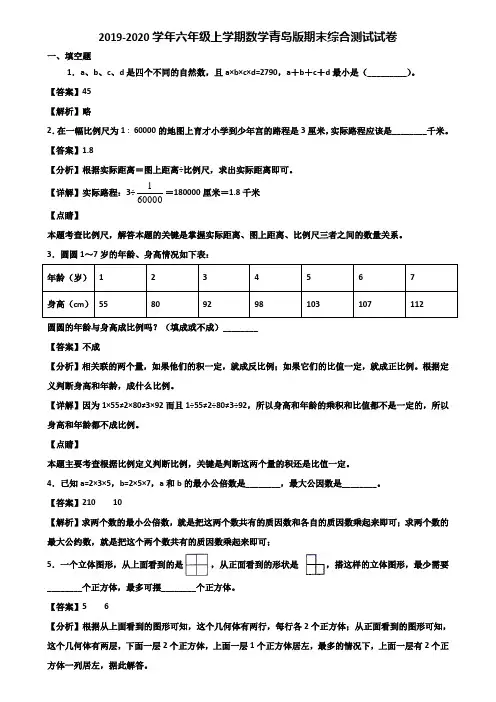 2019-2020学年六年级上学期数学青岛版期末综合测试试卷含解析