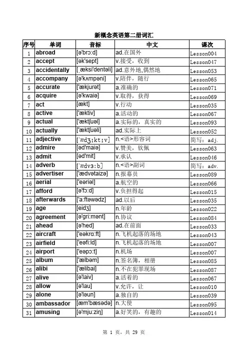 新概念英语第二册单词表(按字母顺序)
