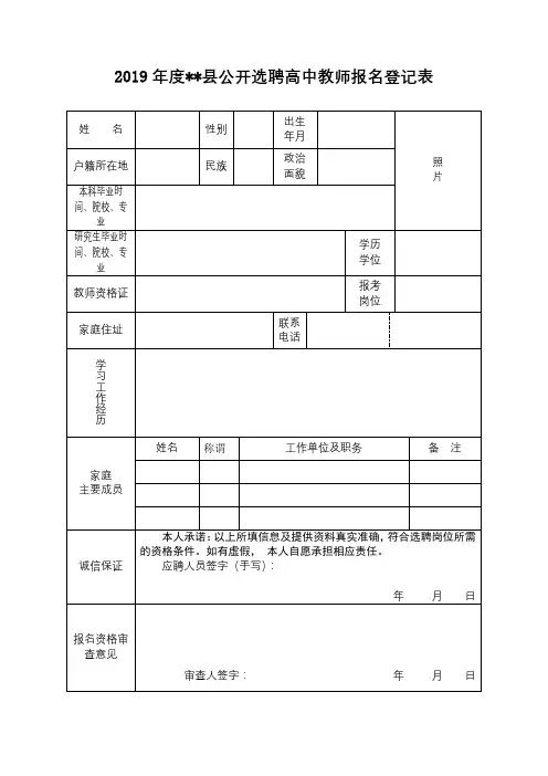 2019年度XX县公开选聘高中教师报名登记表【模板】