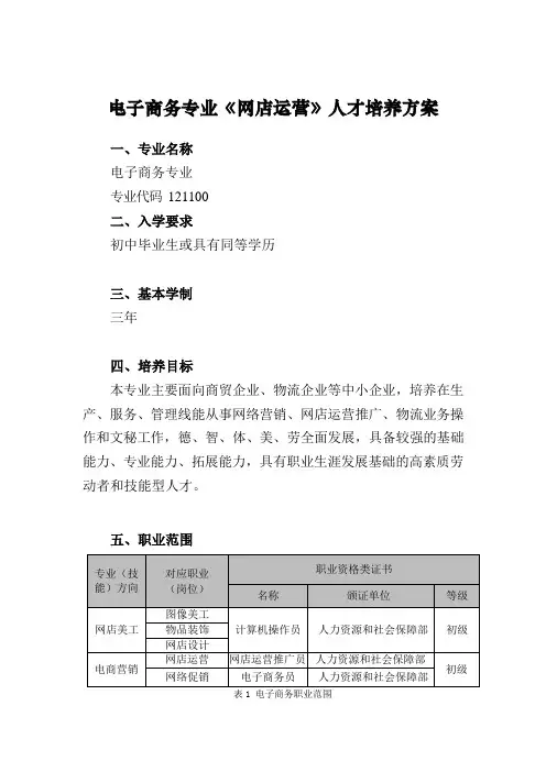 电子商务专业《网店运营》人才培养方案(高职)