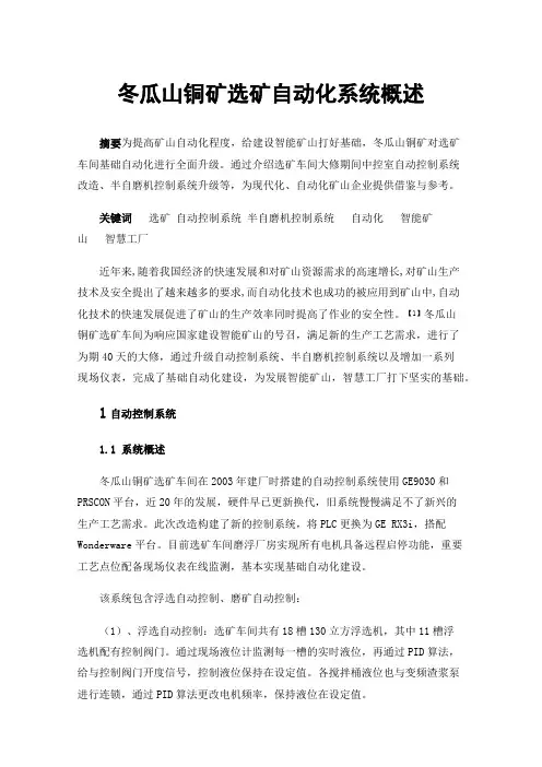 冬瓜山铜矿选矿自动化系统概述