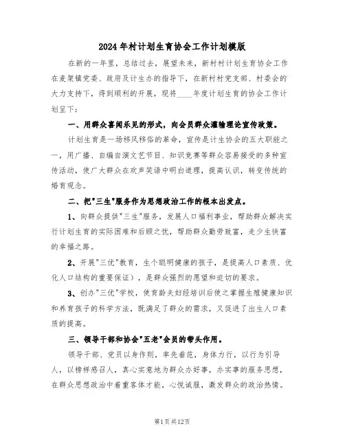 2024年村计划生育协会工作计划模版(五篇)