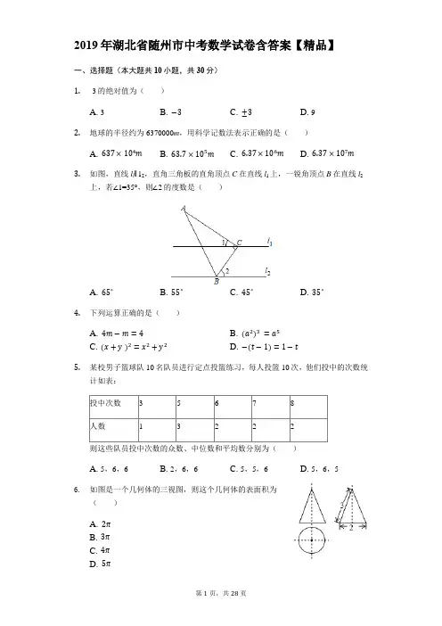 2019年湖北省随州市中考数学试题(原卷+解析)