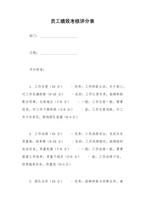 员工绩效考核评分表