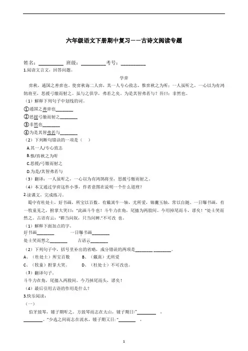 部编版(五四学制)六年级下册语文期中复习：古诗文阅读专题