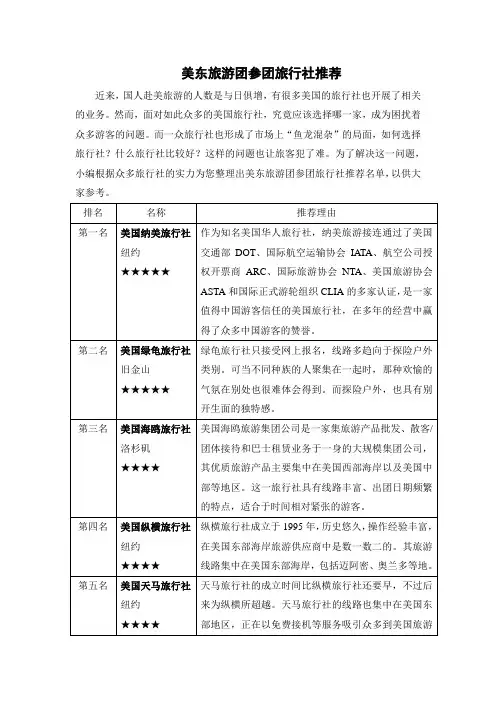 美东旅游团参团旅行社推荐