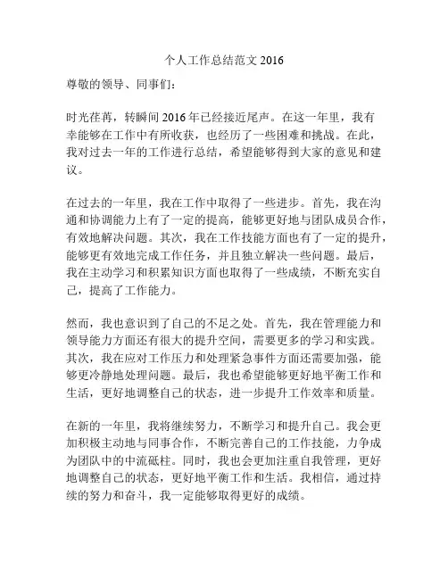 个人工作总结范文2016