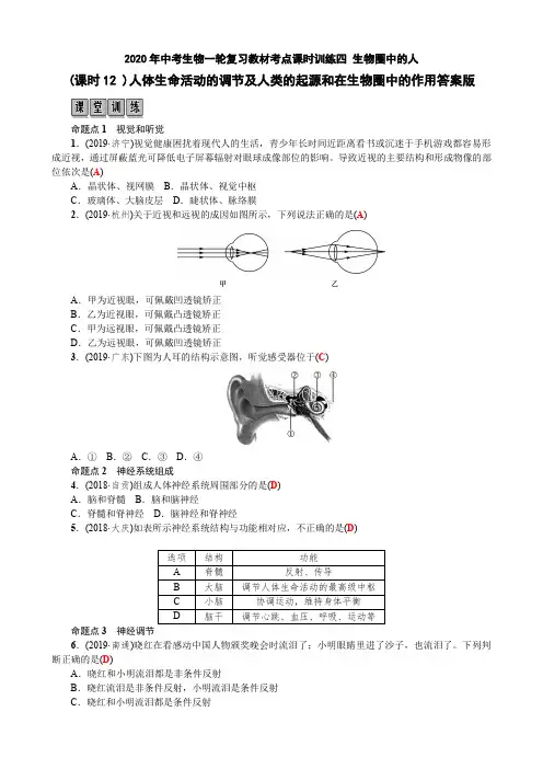 2020年中考生物一轮复习教材考点课时训练四 生物圈中的人(课时12 )人体生命活动的调节……作用答案版