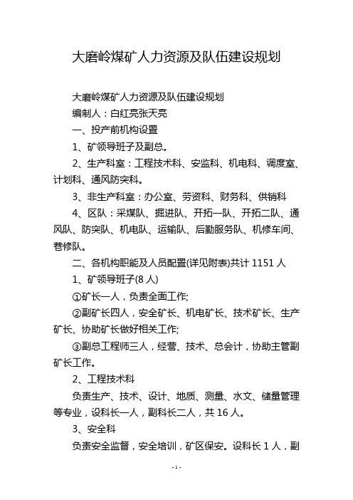 大磨岭煤矿人力资源及队伍建设规划