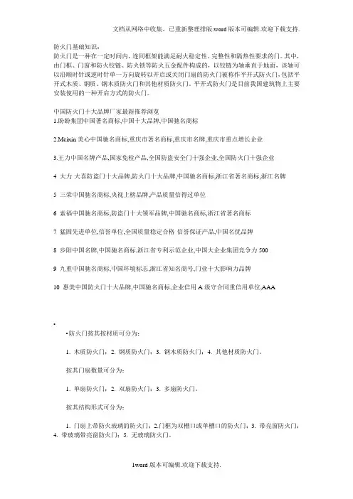 中国防火门行业十大品牌厂家编辑基础知识