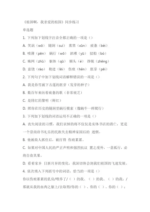 《祖国啊,我亲爱的祖国》同步练习(含答案)