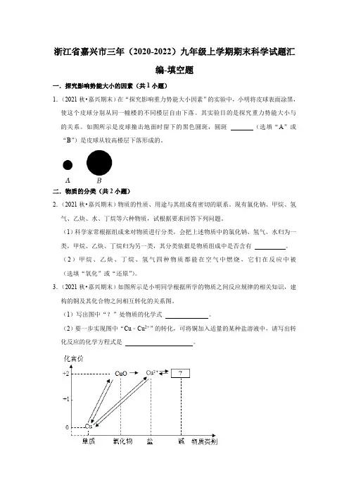 浙江省嘉兴市三年(2020-2022)九年级上学期期末科学试题汇编-填空题