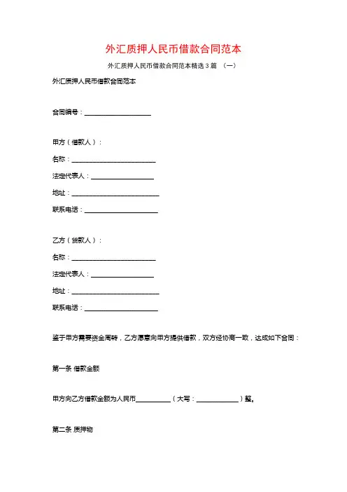 外汇质押人民币借款合同范本3篇