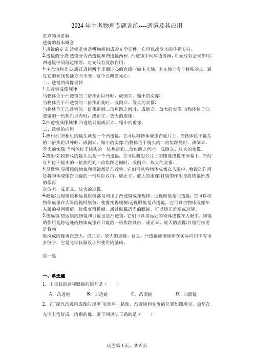 2024年中考物理专题训练----透镜及其应用