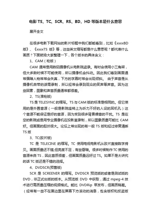 电影TS、TC、SCR、R5、BD、HD等版本是什么意思