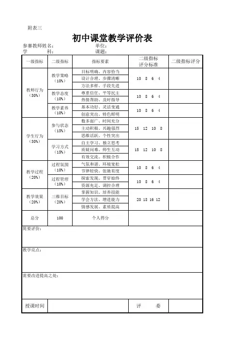 初中课堂教学评价表