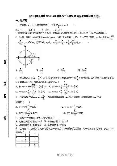 巨野县实验中学2018-2019学年高三上学期11月月考数学试卷含答案