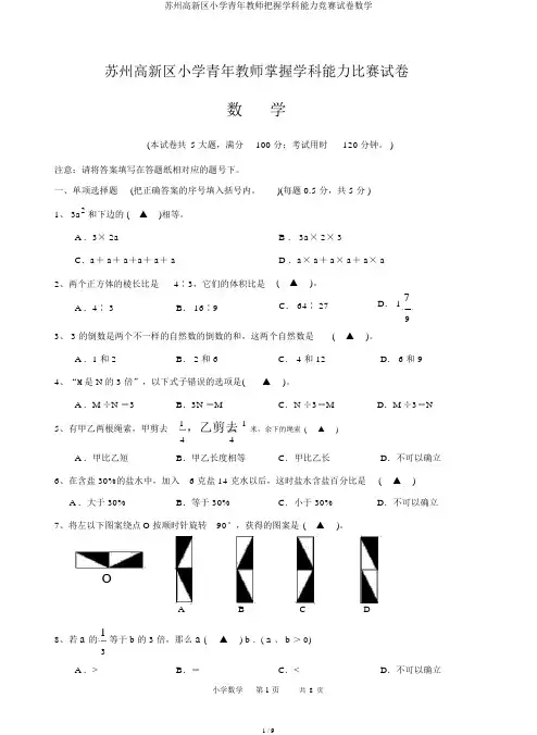 苏州高新区小学青年教师把握学科能力竞赛试卷数学