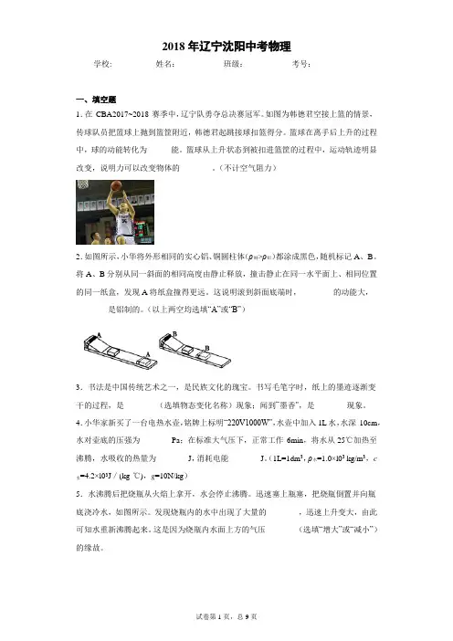 2018年辽宁沈阳中考物理完美打印版