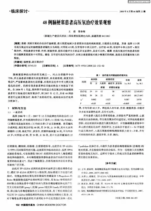 48例脑梗塞患者高压氧治疗效果观察