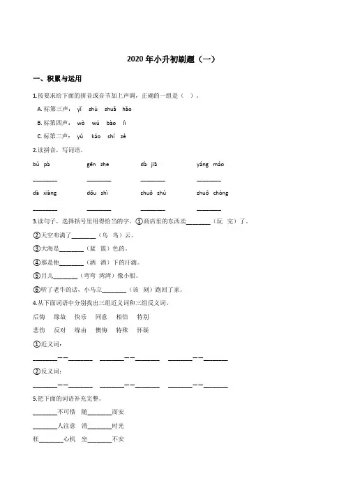 六年级下册语文试题--2020年小升初刷题(一) 部编版(含答案)
