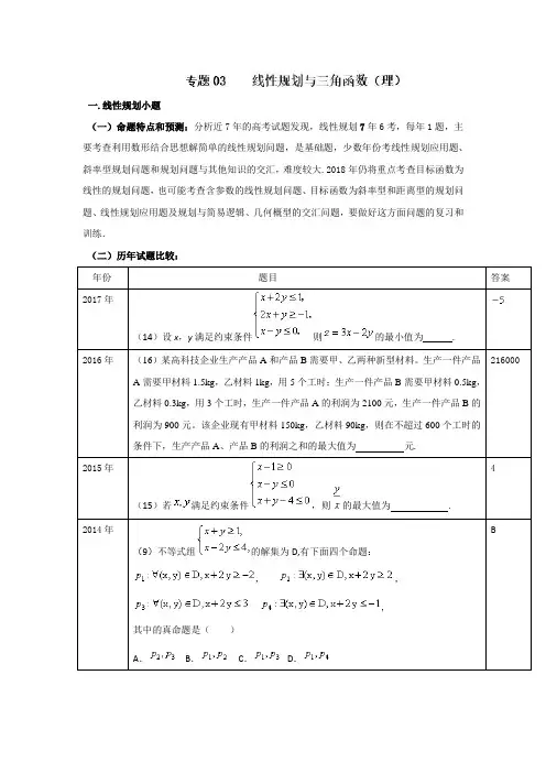 专题03+线性规划与三角函数-冲刺高考最后一个月之2018高考数学(理)名师押题高端精品+Word版含解析