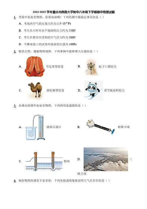 2022-2023学年重庆市西南大学附中八年级下学期期中物理试题