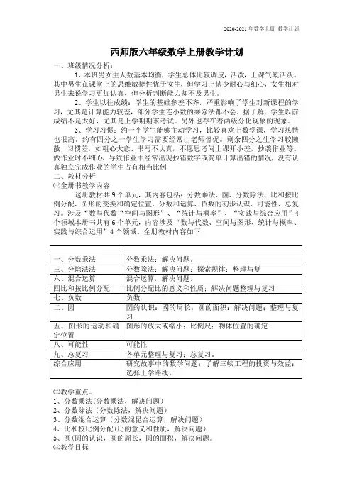 西师版六年级数学上册教学计划