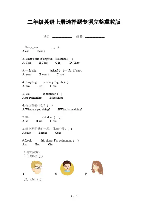 二年级英语上册选择题专项完整冀教版