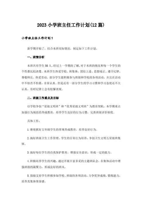 2023小学班主任工作计划(12篇)