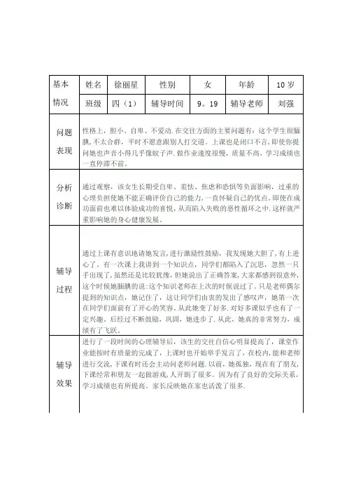 小学生心理健康咨询个案辅导记录表(台账)【范本模板】
