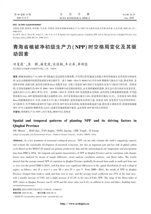 青海省植被净初级生产力（NPP）时空格局变化及其驱动因素