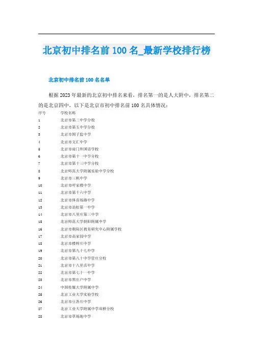 北京初中排名前100名最新学校排行榜
