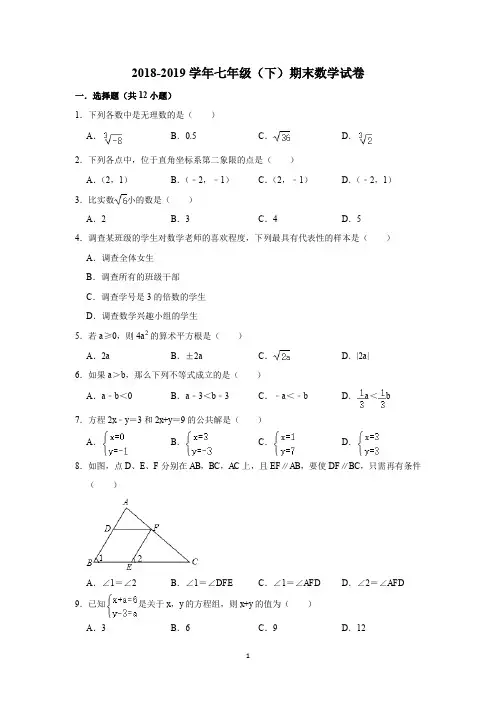 天津市滨海新区2018-2019学年七年级(下)期末数学试卷  含解析