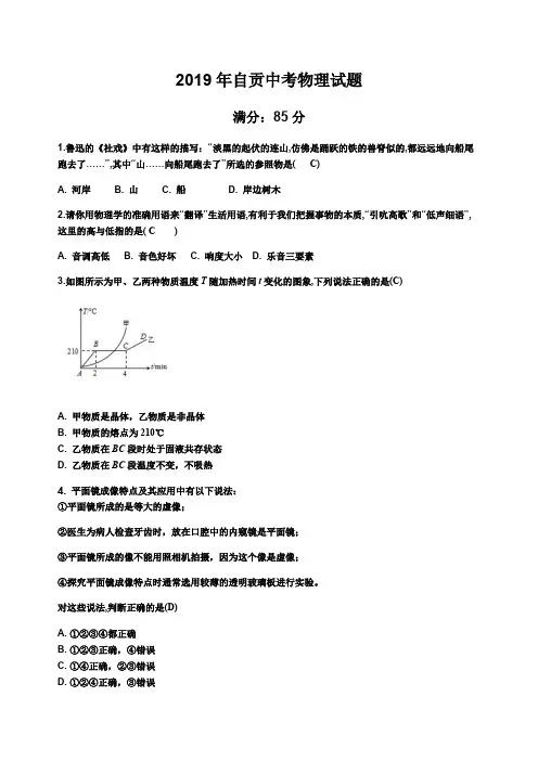 【中考真题】四川省自贡市2019年中考物理试题(含答案)