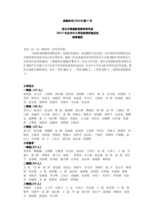 2017年台市中小学优质课评选活动结果通报