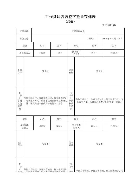工程参建各方签字签章存样表(工程资料第一部分第一卷)