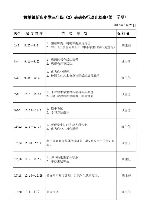 三(2)班级行动计划表