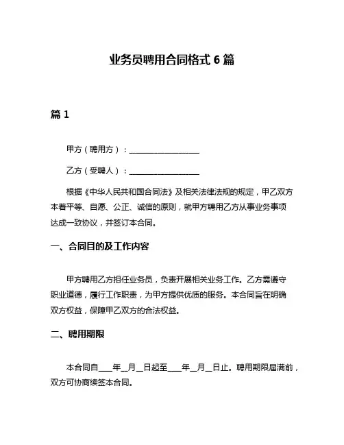 业务员聘用合同格式6篇