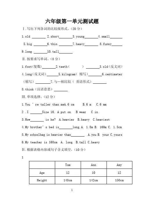人教版PEP小学六年级下册英语第一单元试卷及答案