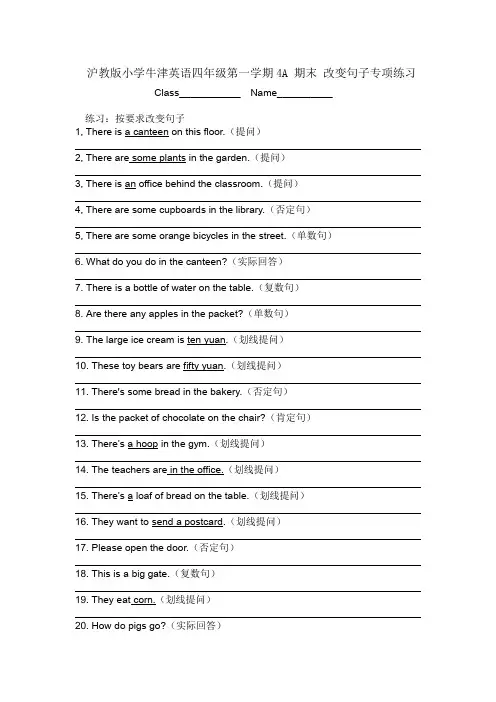 沪教版小学牛津英语四年级第一学期4A 期末 改变句子专项练习(附答案)
