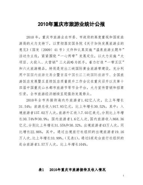 重庆市旅游业2010年统计公报